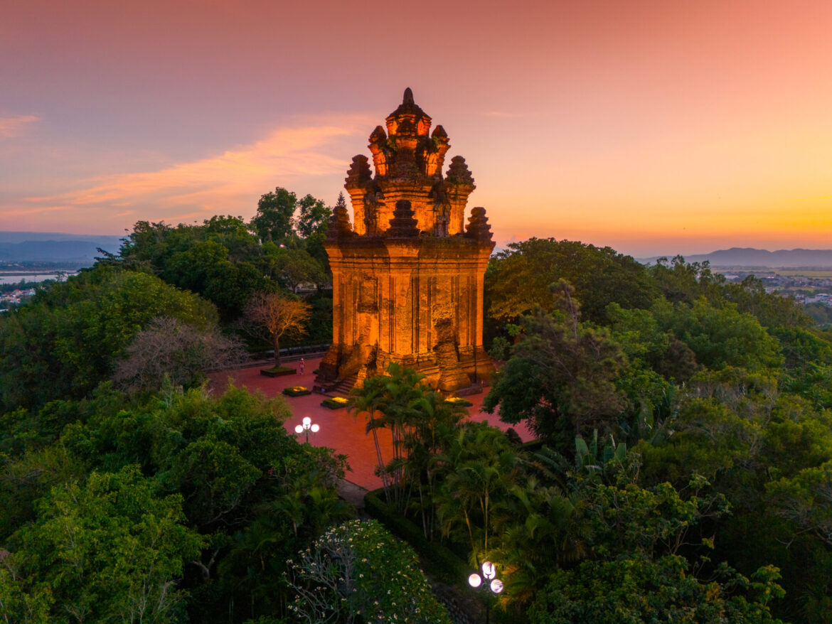 Aerial view of Nhan tower is an artistic architectural work of Champa people in Tuy Hoa city, Phu Yen province, Vietnam. Sunset view