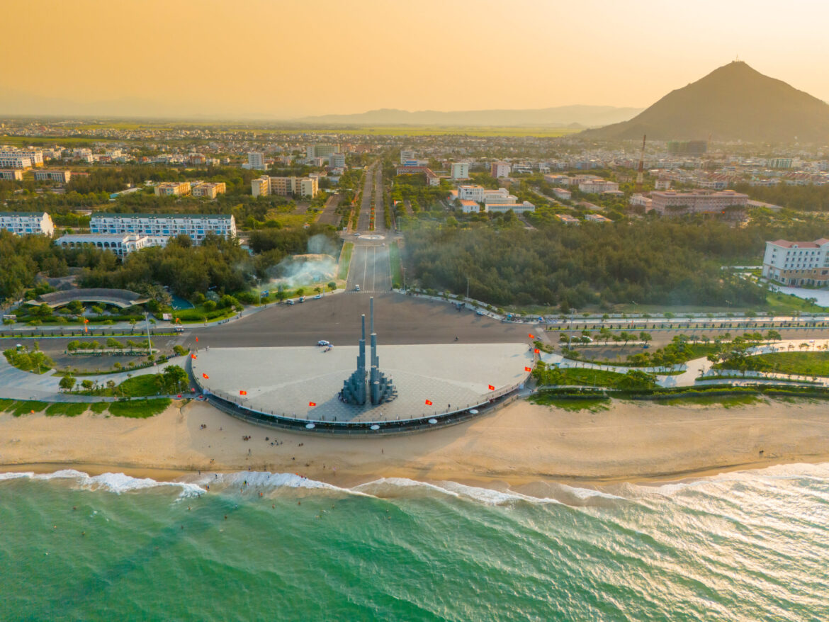 sunset at Nghinh Phong tower square in Tuy Hoa coastal city, Phu Yen province, Vietnam. This is a new place that attracts tourists and locals. Travel and landscape concept