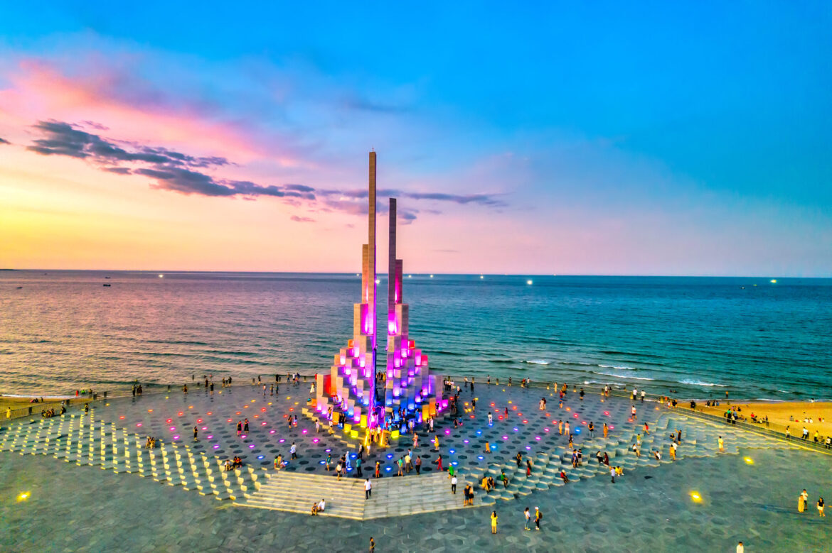 Aerial view Of Nghinh Phong Tower In Tuy Hoa City. Nghinh Phong Is A New Symbol Of Phu Yen.